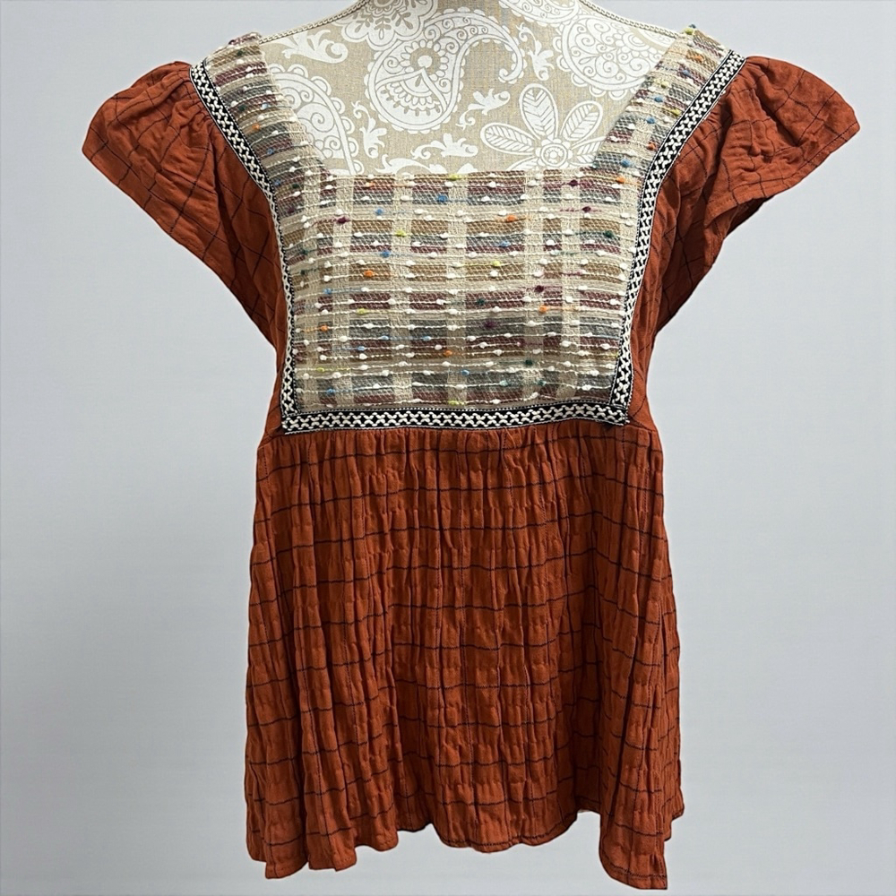 Rust Orange Entro Boho Embroidered Square Neck Ruffle Sleeve Top Size Small - Picture 8 of 10